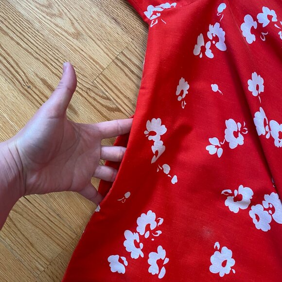 Vintage handmade red & white floral midi circle skirt sleeveless dress pockets - Picture 5 of 12